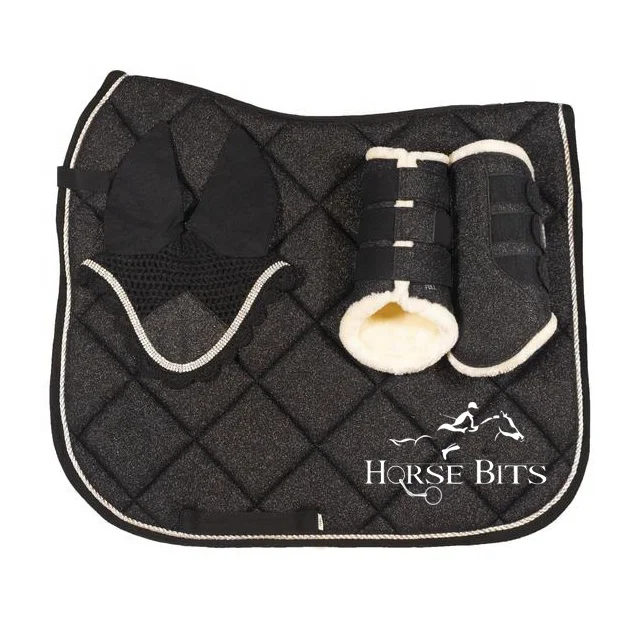 Saddle pad sets, horse saddle pad sets / Black color glitter fabric saddle pad matching sets with boots and ear bonnets