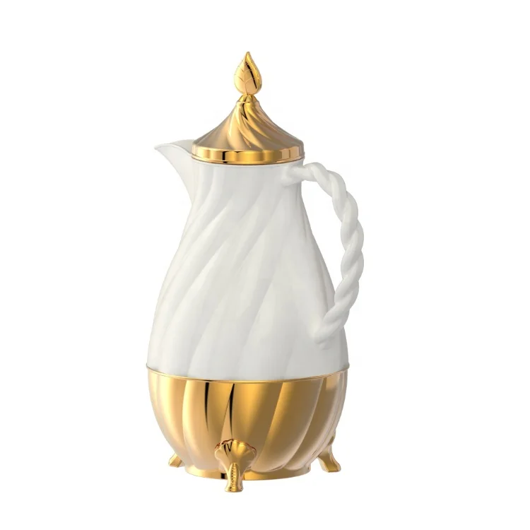White and Gold Glass Liner Luxury Moroccan Style Vacuum Insulated Thermos Flask with Spout