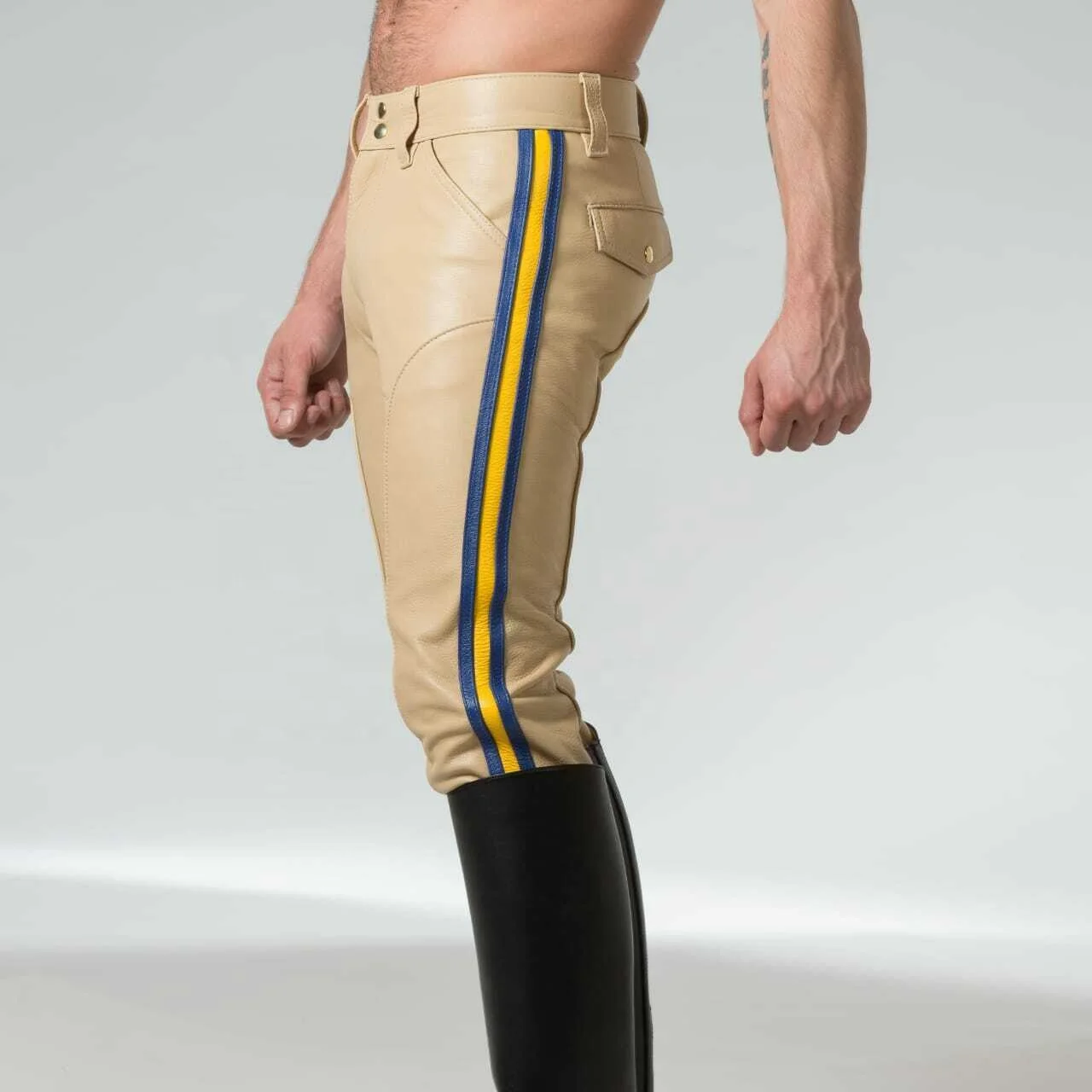  Для мужчин Горячая гей из натуральной бежевые теплые блеф кожа полицейская форма рубашка и брюки для девочек