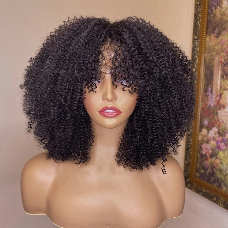Kinky Curly Bob Wigs with Bangs for Black Women Virgin Human Hair Short Wigs High Density Machine Made Peruvian Hair Wig