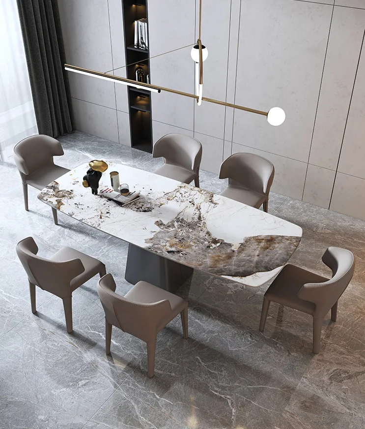 Minimalist Home Furniture Rectangular Marble Sintered Stone Top Stainless Steel Legs Base Rectangular Dining Table