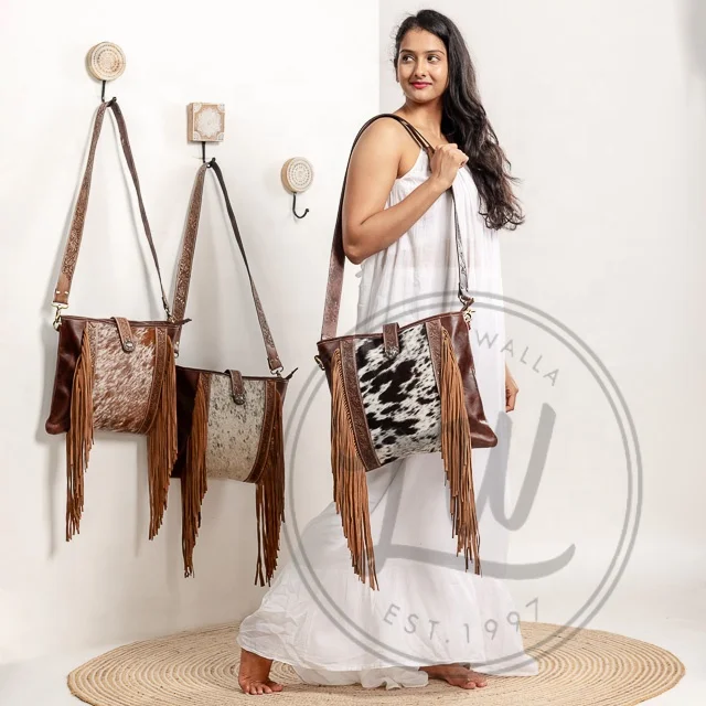 New Western Style Cowhide Metallic Fur Leather Tooled Tote Bag Handcrafted Fashionable High Quality Tooled Women Shopping Bags