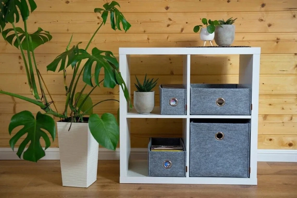 Upin OEM long storage basket gray CD organizer DVD felt storage box with metal circle