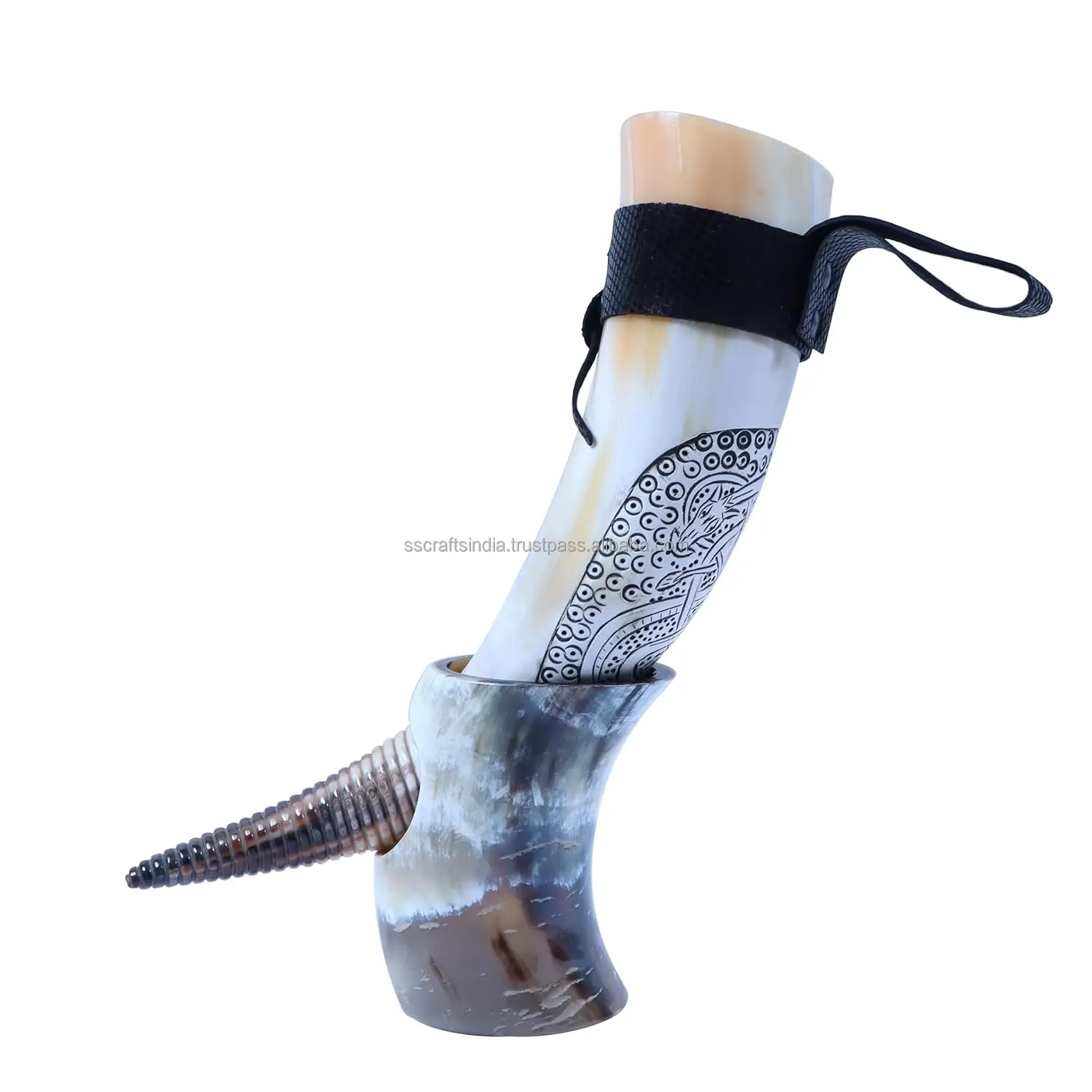 Best Quality Indian Buffalo Drinking Horns with Natural Viking Leather Holder Tea Vessel Medieval Animal Style Decoration