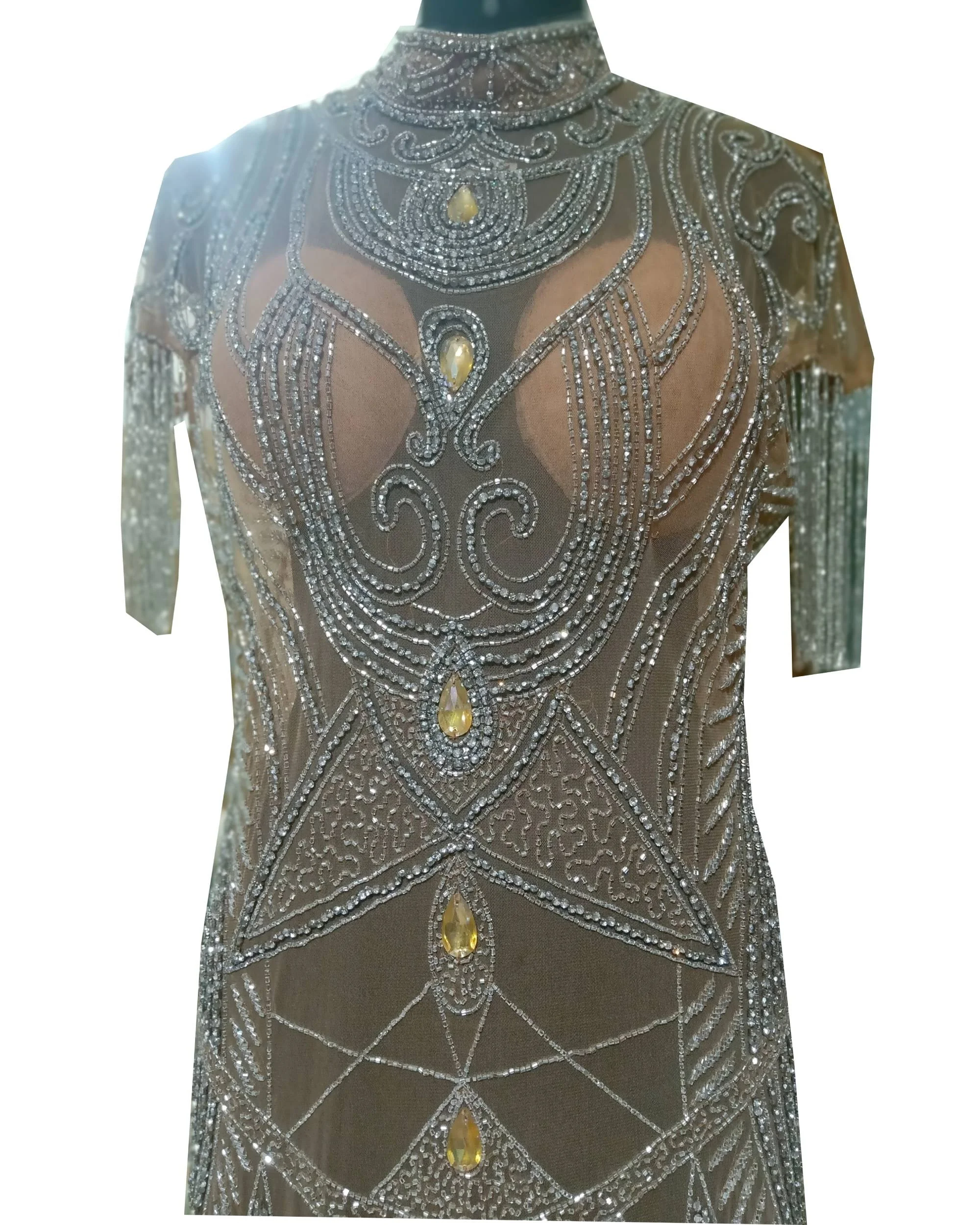 Luxurious cocktail party Women Sexy Custom Crystal Stone Tassel Dress on Transparent Mesh Dance Costumes stone embellished gown