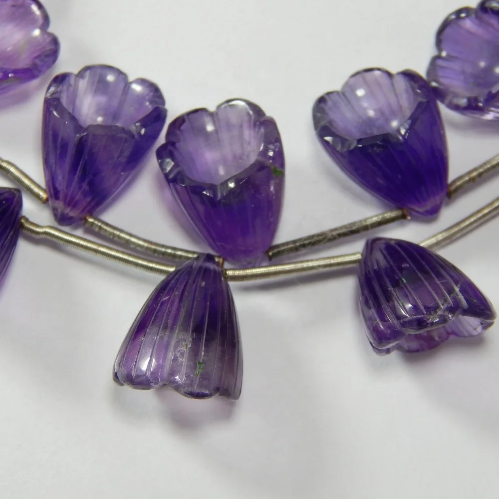 Certified Natural African Amethyst Flower Shape Carved Loose Beads For Jewellery Making