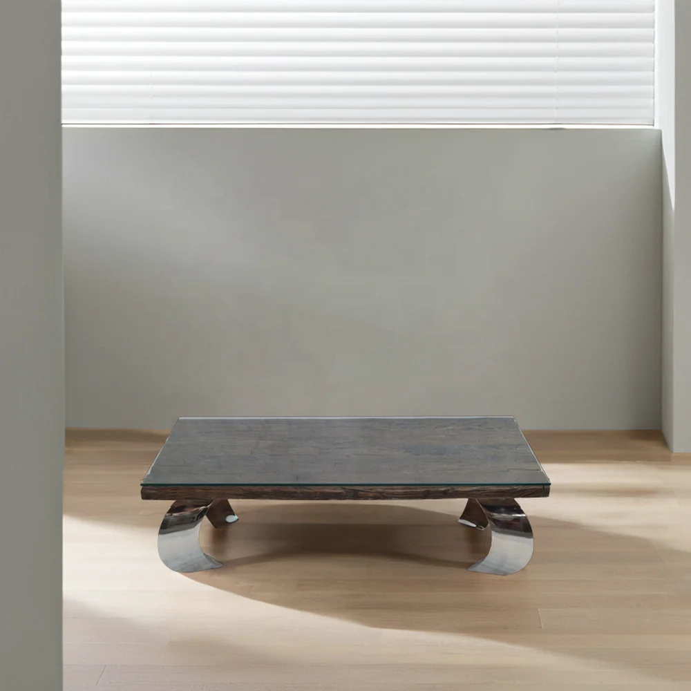 Reclaimed Old Railway Sleeper Wood Top Chrome Finish  Leg Glass Coffee Table Home Office Hotel Villa