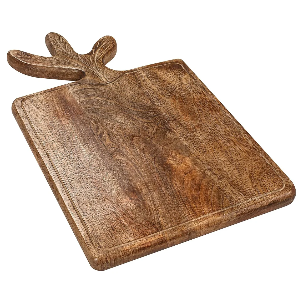 Top Selling Solid Mango Woods Cutting Board with Swamp Deer Horn Shape Handle Wooden Cutting and Serving Board at Factory Price
