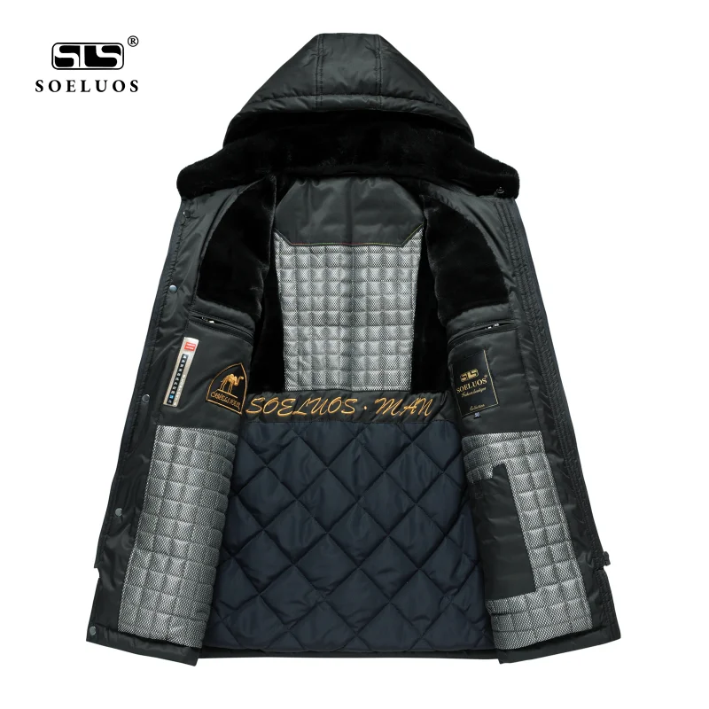 SOELUOS New Winter Fur Collar Hooded Long Quilted Cotton Jackets Business Casual Coats Overcoat For Men