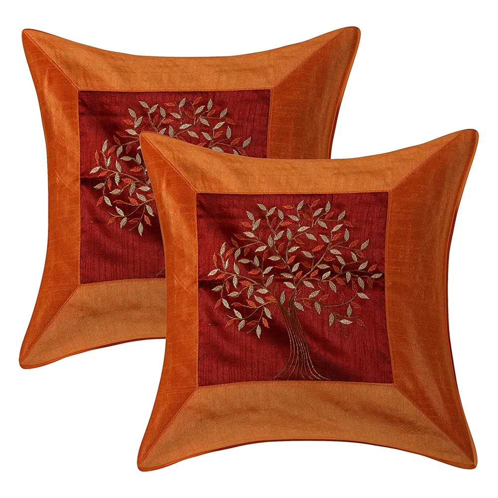Silk Double Bedding Set 1 Bedsheet Embroidery Work 2 Pillow 2 Cushion Cover Mustard Color Tree of life Bed Cover Set of 5 Pieces