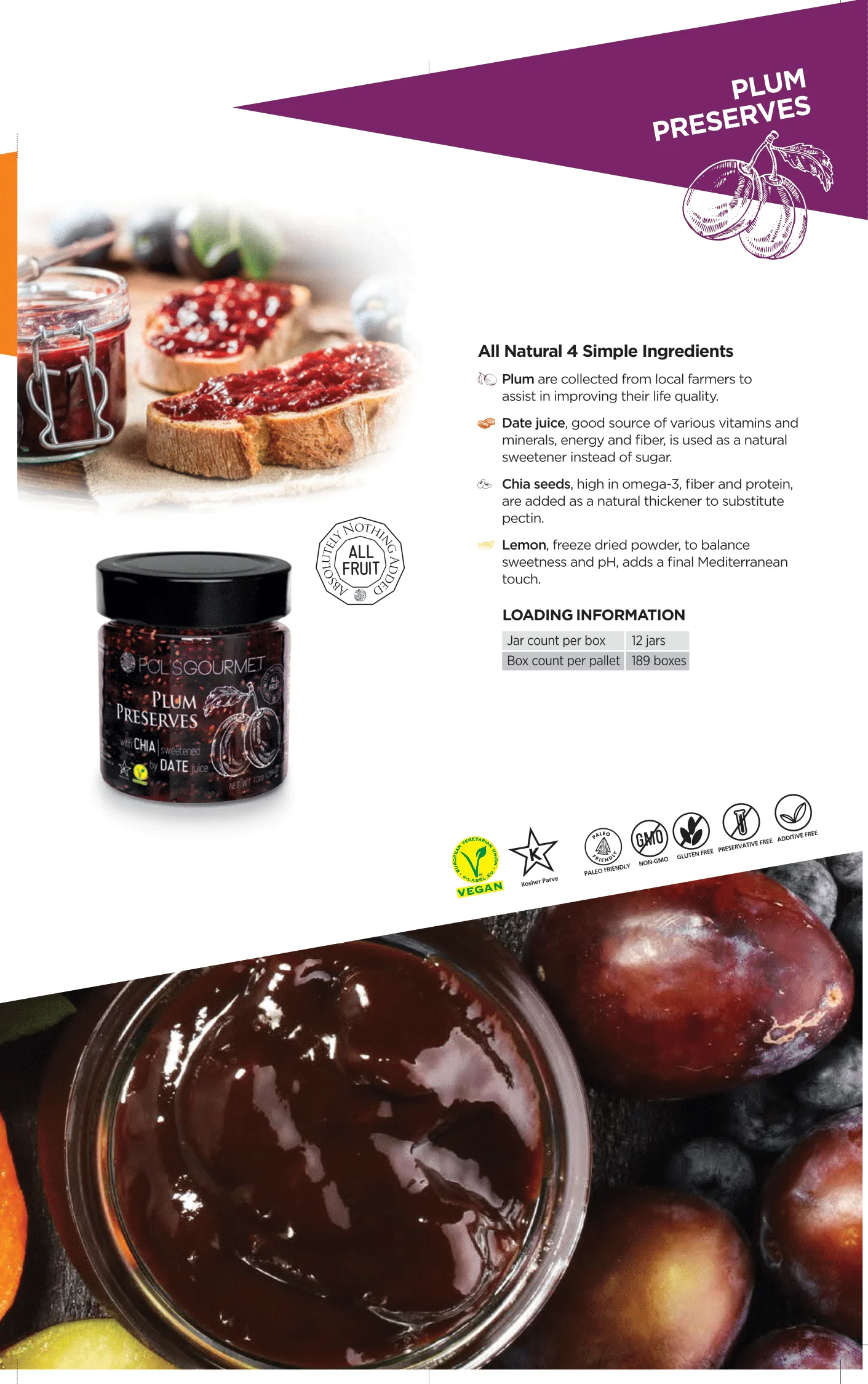 Plum Jam Fruit Preserves Organic Natural Gourmet Level No Sugar Fresh Jams Best Selling Grade Pure Healthy