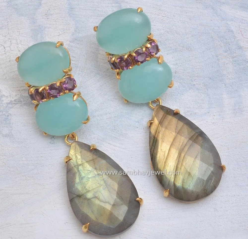 High Quality Stylish Fashionable Jewelry 925 Sterling Silver Natural Labradorite Gold Plated Earrings At Wholesale Price