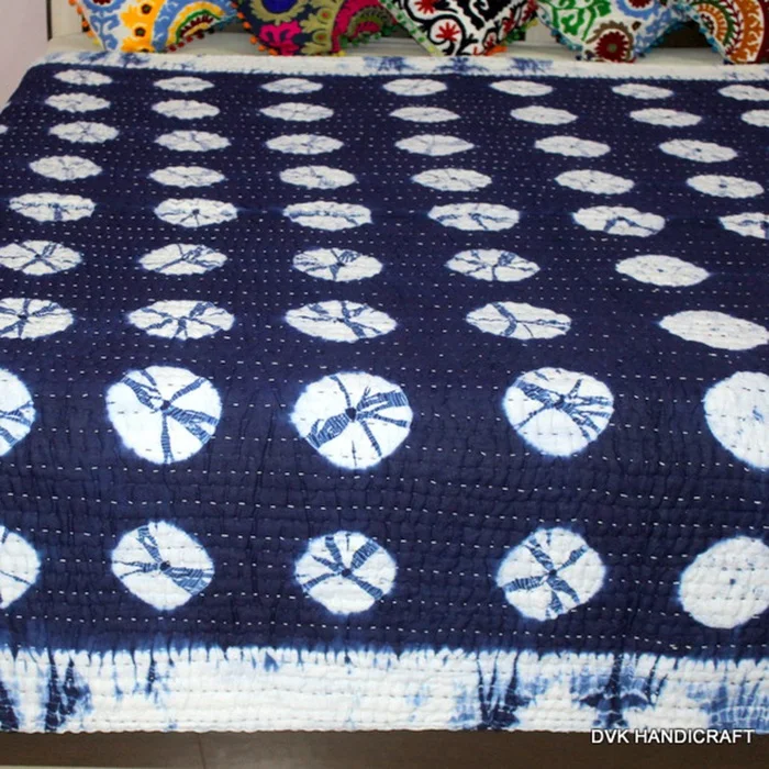 High Quality Cotton Printed Shibori Tie & Die Hand Printed Kantha Quilt Vintage Hand stitched Cotton Blanket Blue Quilt