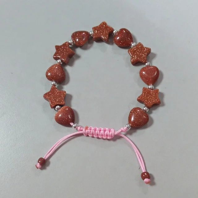 Golden sandstone star heart  bracelet 925 silver ball hand made cord knotted bangle carved natural goldstone