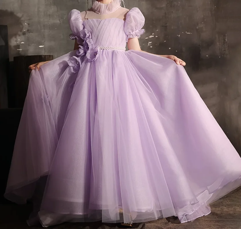Fancy Kids Tulle Flower Girl Lilac Color Dress For Girls Dresses