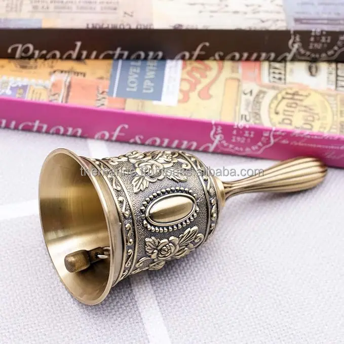 Solid Full Brass Antique Handheld Calling Bell With Elegant Flower Design for Souvenirs Gift