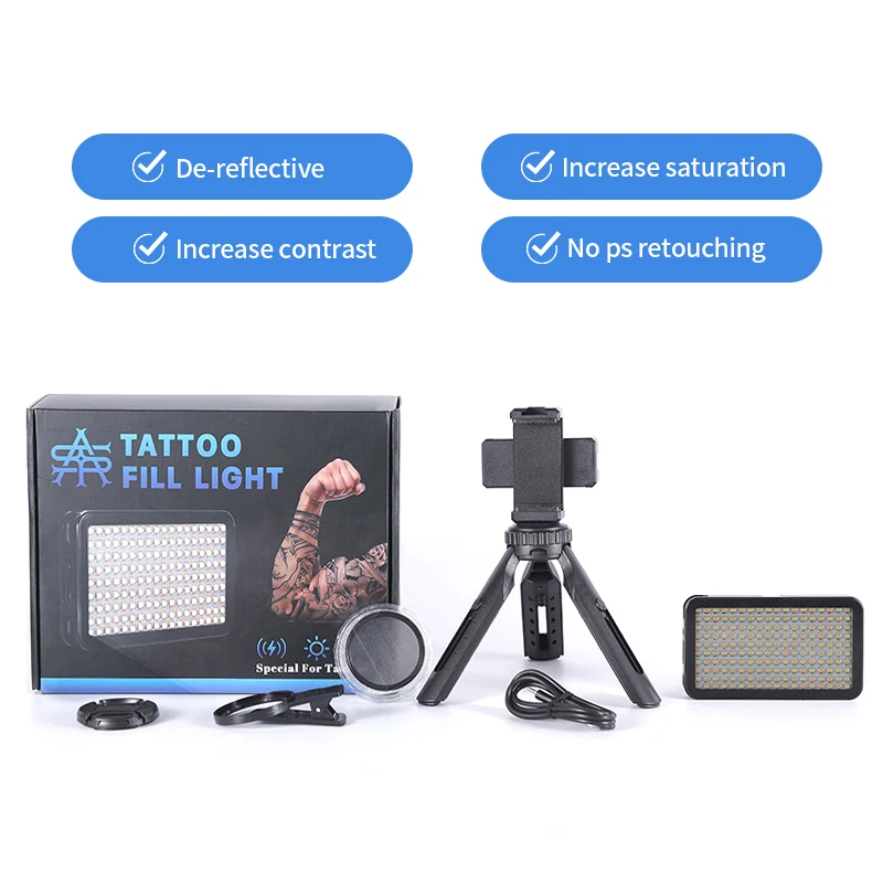 Tattoo Fill Light Rechargeable Selfie Light Black with Clip Adapter for Fill Light Tattoo