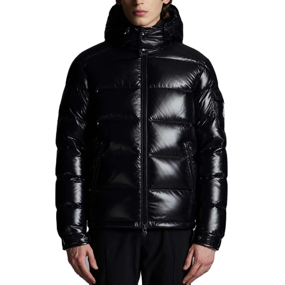 SHINY PUFFER JACKET - BLACK Quilted Mens Down Jacket Winter Custom Logo With Adjustable Hood Puffy Jacket