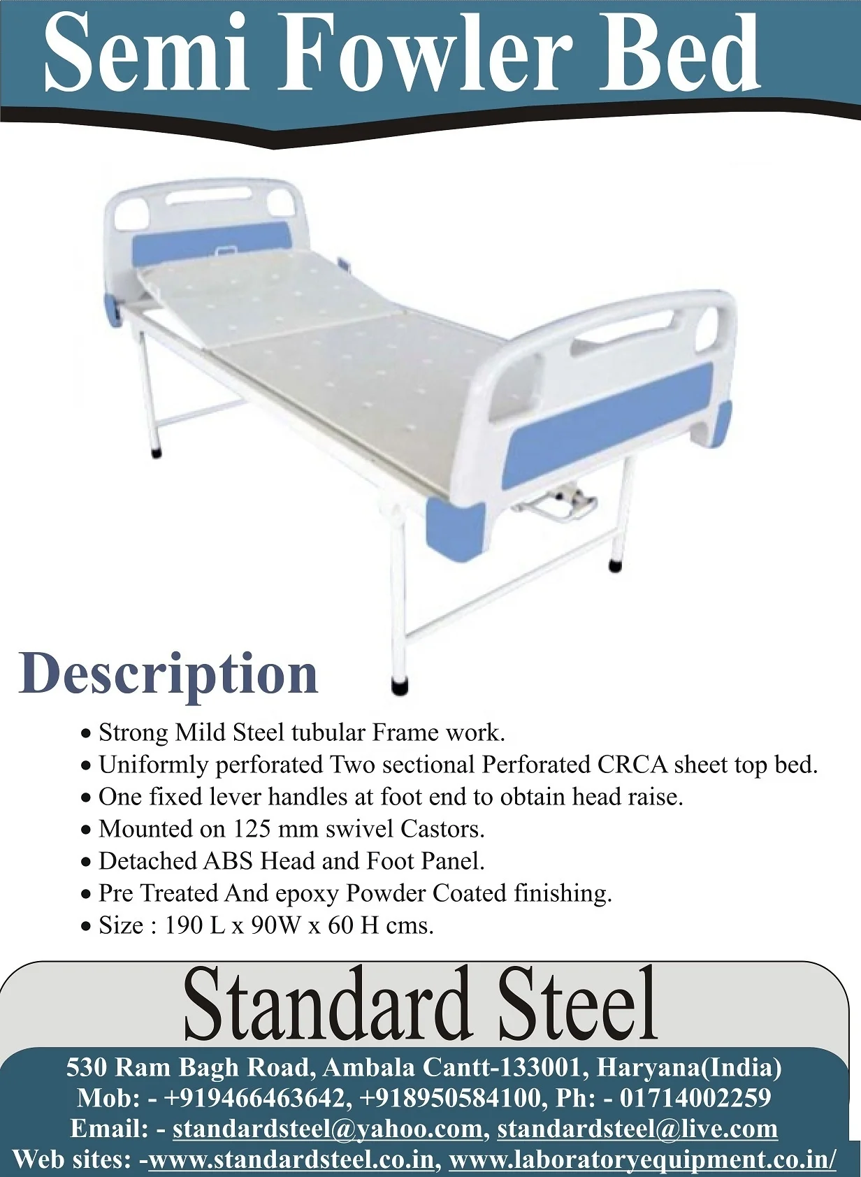 Single Function Hospital Medical Bed with Fowler Position Steel/Metal Adjustable Crank for Patient Comfort