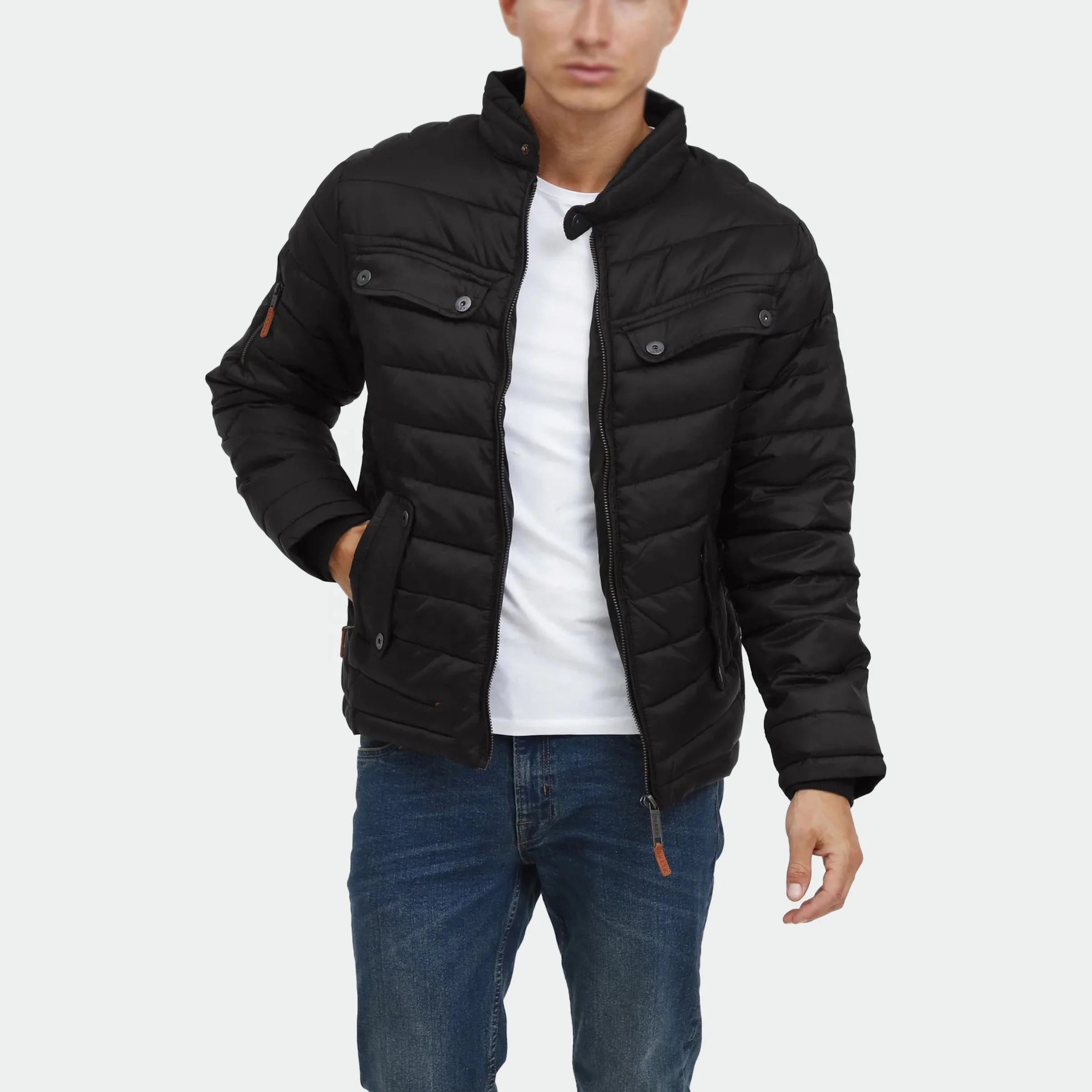 Wholesale Outdoor Light Warm Duck Feather Custom Logo Nylon Black Hooded Winter Bubble Puff Filled Down Puffer Jackets for Men