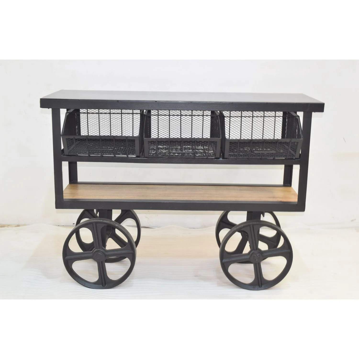 Iron Mesh 3 Bin Shelf 4 Cast Iron Wheels Industrial Retro Style Retail Store Display Storage Trolley