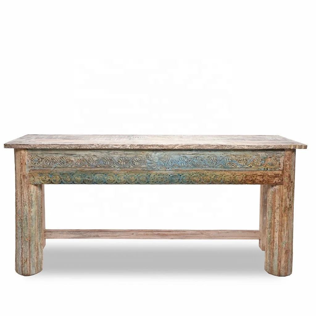 Antique Rustic Indian Carved Wooden Console Table Vintage Distress Finish Reclaim Wood Wall Corner Table Jodhpur Hallway Table
