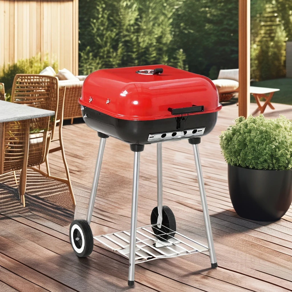 Высокая 18-дюймовая стальная квадратная переносная тележка для гриля для барбекю, 4-6 человек, легкая сборка, регулируемая крышка высокого давления