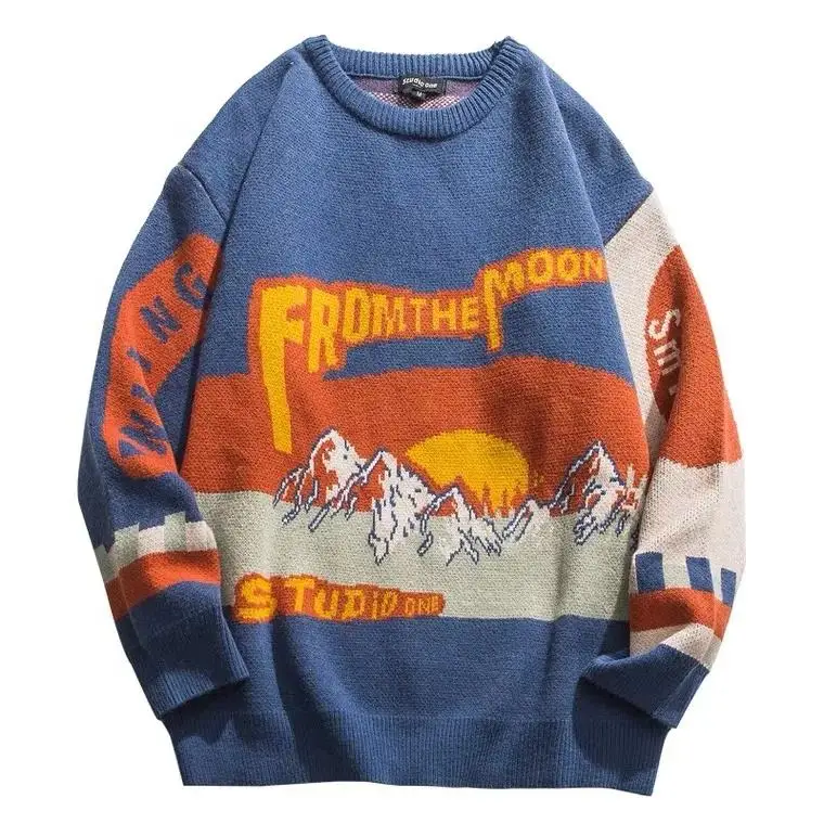 OEM custom men cotton crew neck knitted sweater long sleeve letter pattern vintage stripes pullover letterman sweater