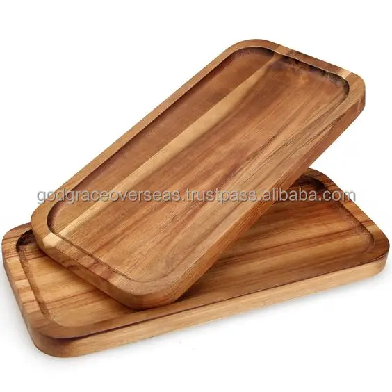 Solid Acacia Wood Dinner Plates Set Custom Sizes Luxury Design for Home Use Bulk Quantity Wooden Dishware For Food And Safe