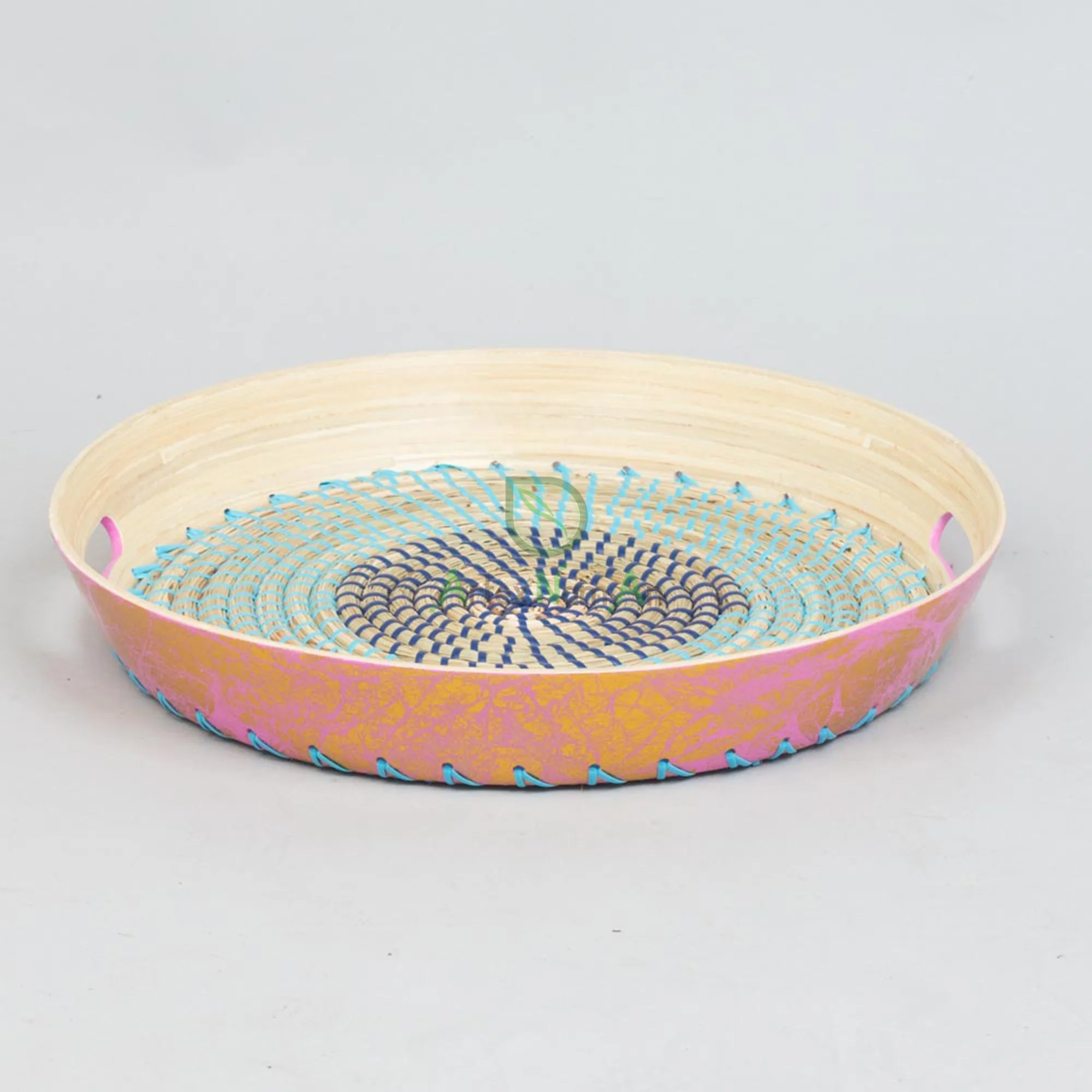 Vietnam Suppliers Eco-Friendly round Seagrass Bamboo Serving Tray with Handle Custom Size Wooden Trays Home Decorative Purpose