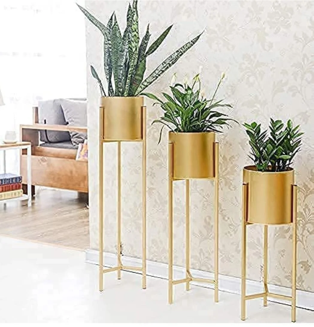Modern Gold Metal Floor Flower Stand and Plant Planter Set of 3 Tall Indoor Stand with Planter Pot for Living Room Bedroom