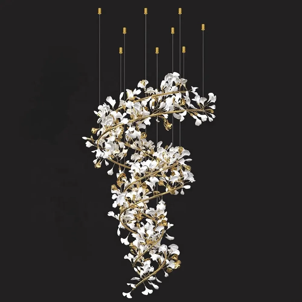 Luxury Branches Gingko Leaf Chandeliers Home Light High Ceiling Hanging Long Lighting Chandeliers for Staircase Hall Hotel