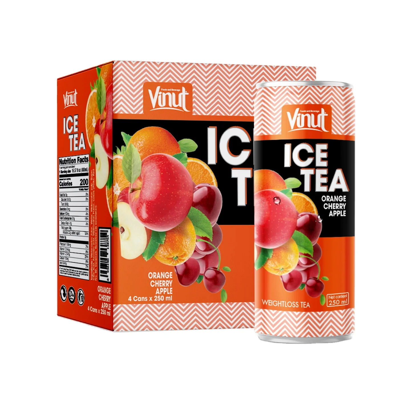 
355ml Carbonated Soft Drinks VINUT Box 4 Cans Ice Tea Orange Apple Cherry Juice Export High satisfaction Private Label 