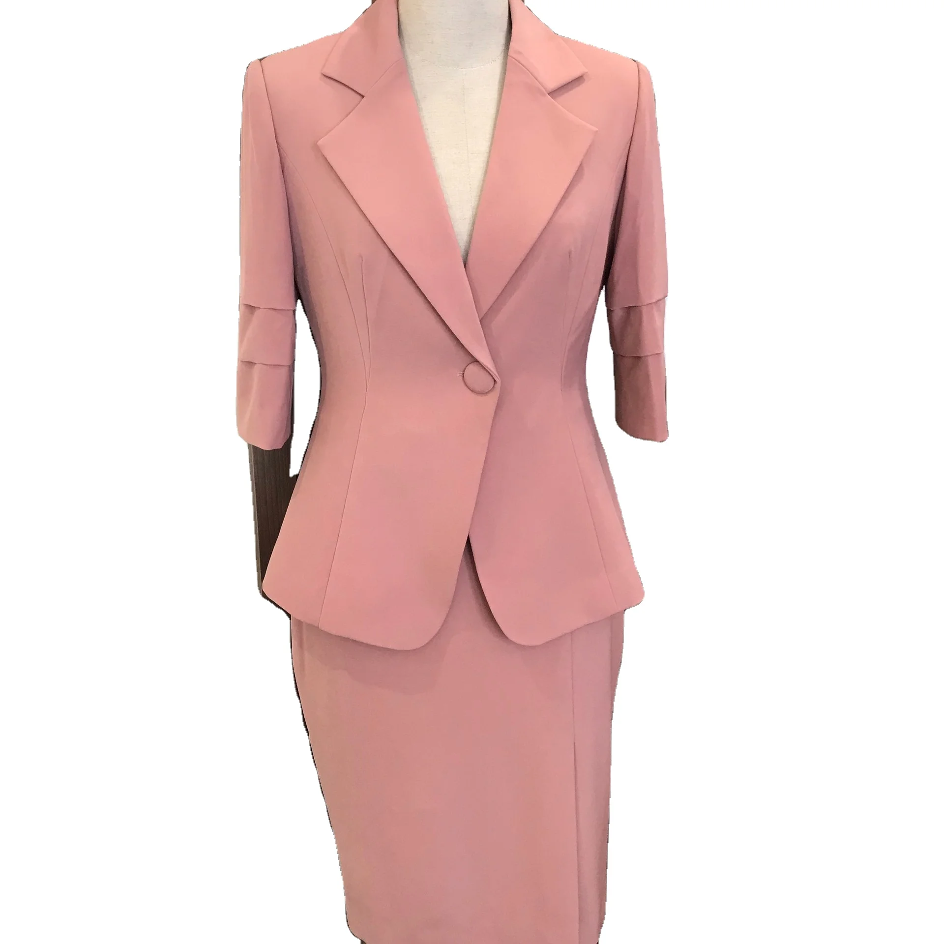 Pink women set blazer pants long sleeve button pink femine bodycone dress formal style office ladies women sets