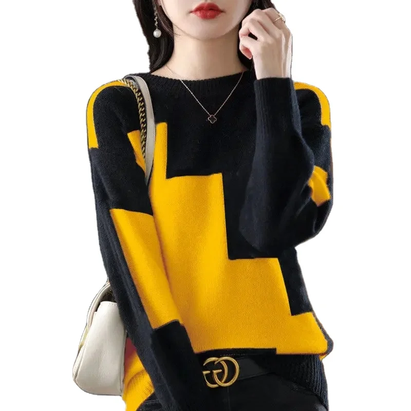 Fashion O-Neck Spliced Knitted Color Sweater Female Clothing 2024 Autumn New Loose Casual Pullovers All-match Tops