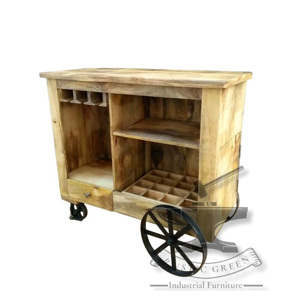 Industrial Wooden Bar Trolley Cabinet