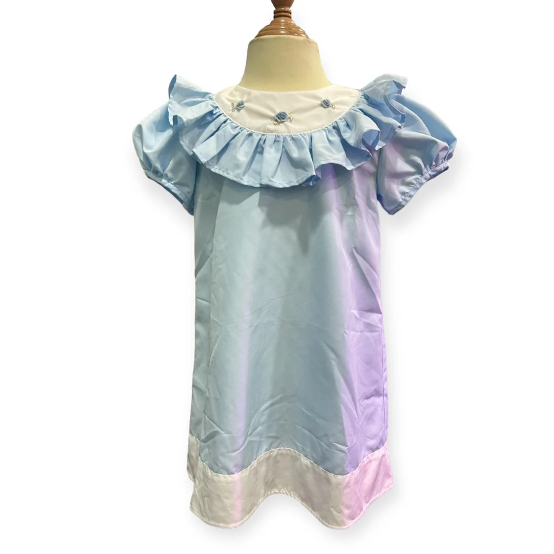 2024 Custom Color Baby Embroidery Dress Summer Cap Sleeve Pleated Ruffle Cotton Kids 1-12 Yrs Casual Girls Clothes Daily-Azure