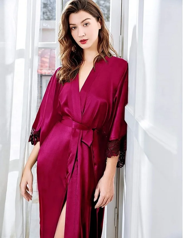 New 2021New Product Lace Robes Women Satin Kimono Robes Full Length Long Sleeve Wedding Robes Nighty For Bride