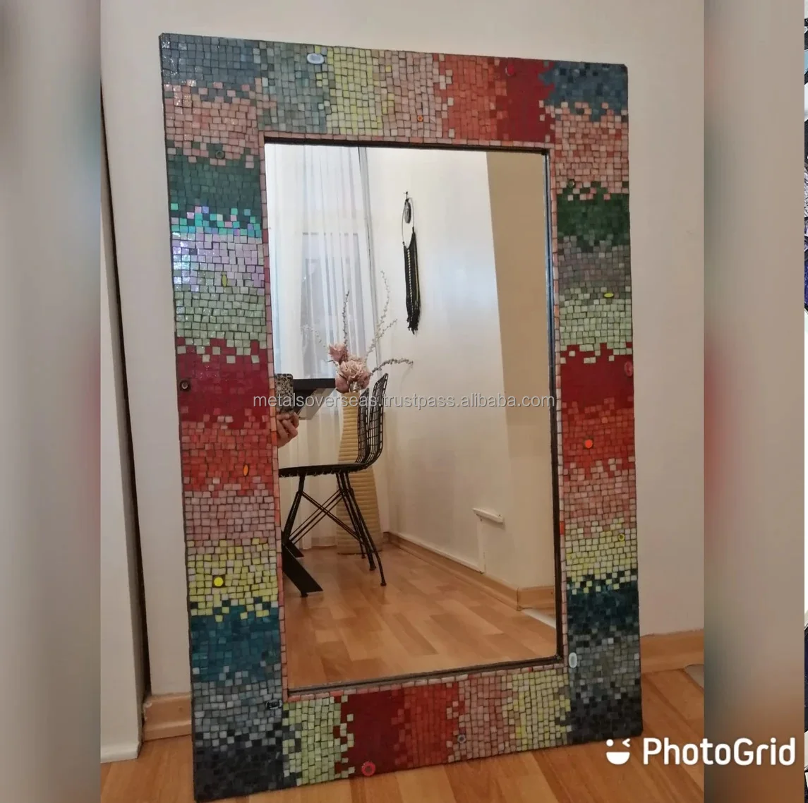 Natural Mosaic Decorative Hanging Rectangle Ceramic Tile Inlay Wooden Frame Mirror for Wall Home Art Decor