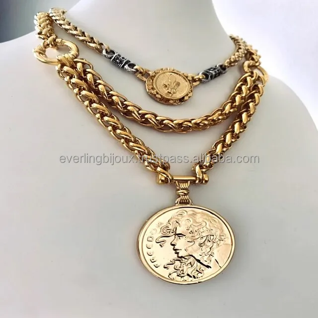 High Quality 18kt Gold Vermeil Plated Beautiful Medallion Charm Beautiful Embossed Chunky Brass Coin Pendant Jewelry