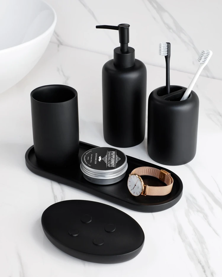 Wholesale Hotel Custom Black Toothpaste Toothbrush Holder Mouthwash Cup Liquid Soap Dish Tray Dispenser Ceramic Bathroom Set