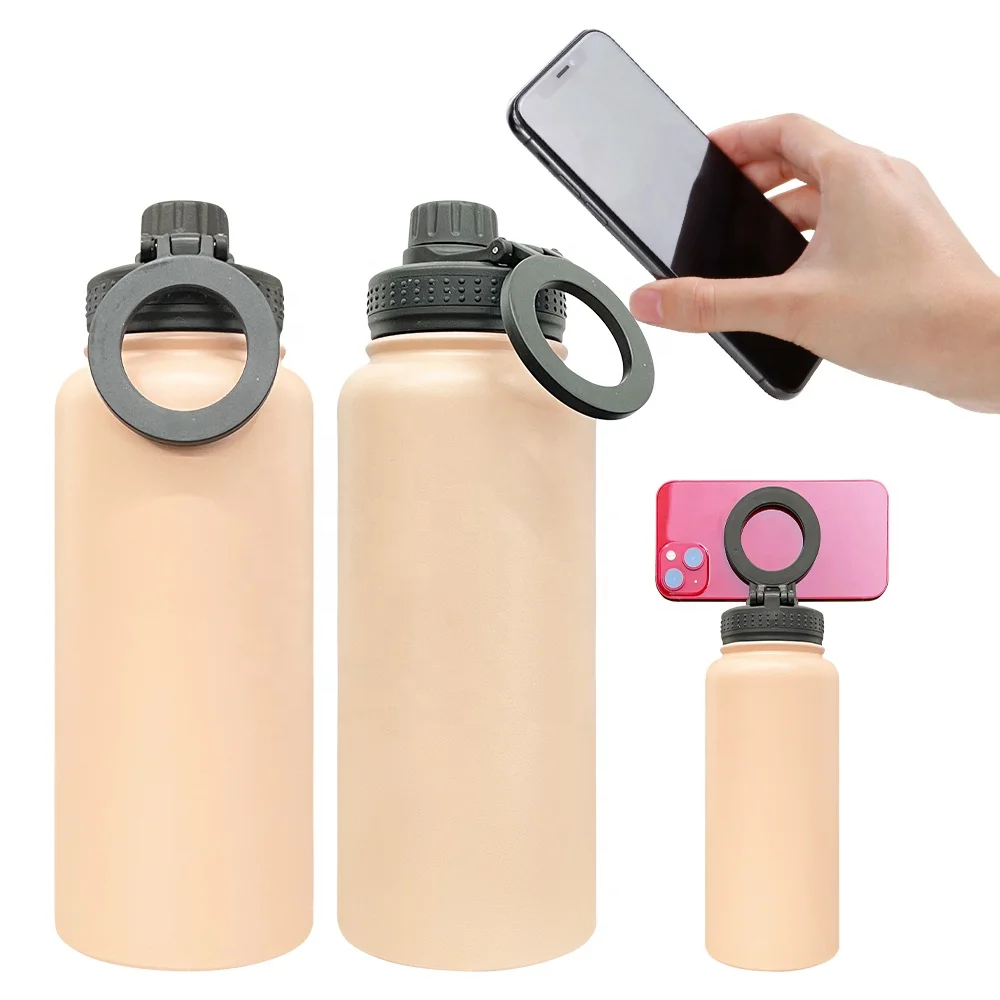 double walled stainless steel powder coated copper 32oz bottle with magnetic phone holder with lid