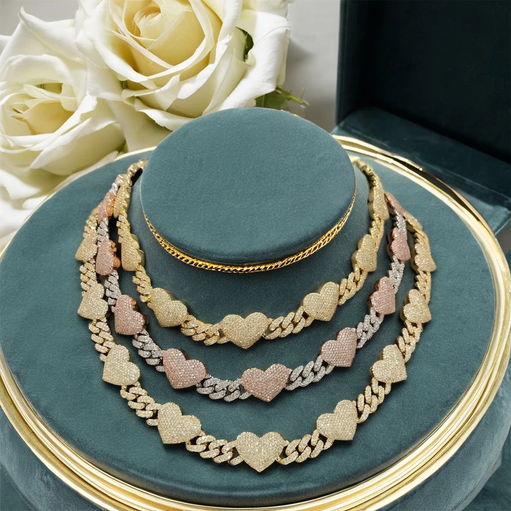 16 Inches Luxury Heart Charm Moissanite Diamond Rose Yellow Gold Plated Cuban Link Iced Choker Necklace Designer Fine Chain
