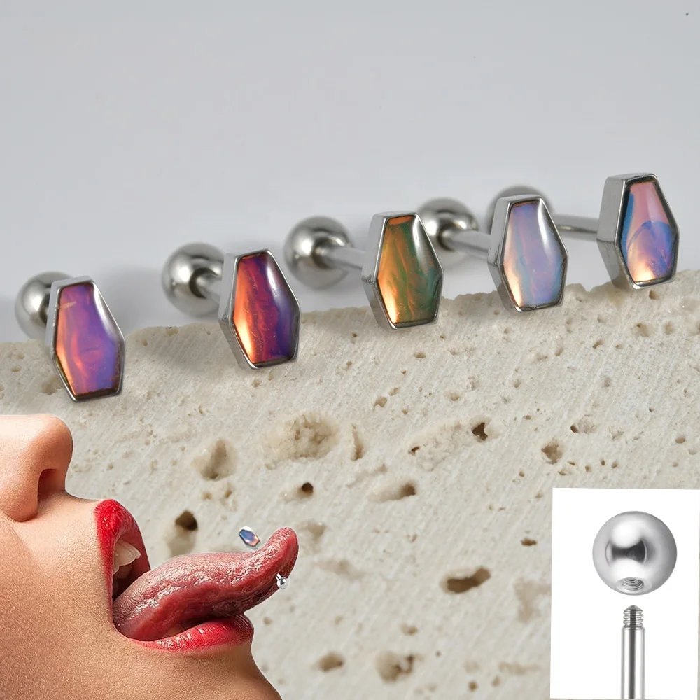 Surgical Steel Glitter Coffin Tongue Flash Film Barbell Tongue Piercing  Punk Body Piercing Jewelry Wholesale