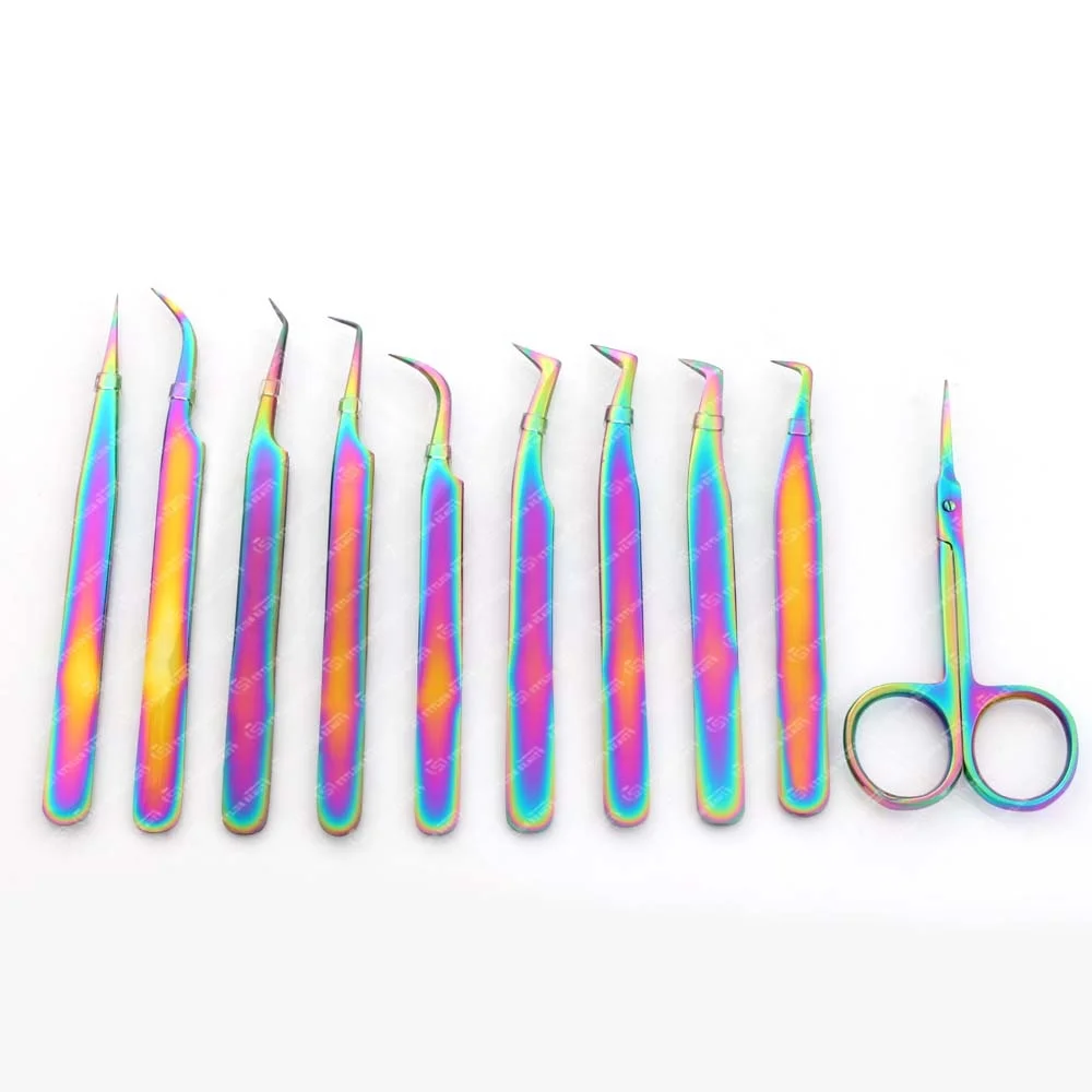 Pink Color Straight Tweezers Eyelash Extension Tweezers Punch color Multi points Custom marking pliers