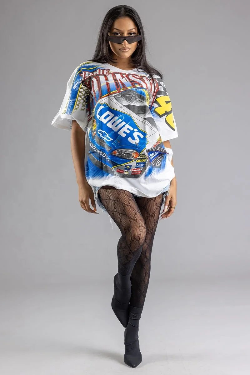  Оригинальная гоночная хлопковая футболка от производителя разноцветная с принтом и графическим рисунком круглый воротник