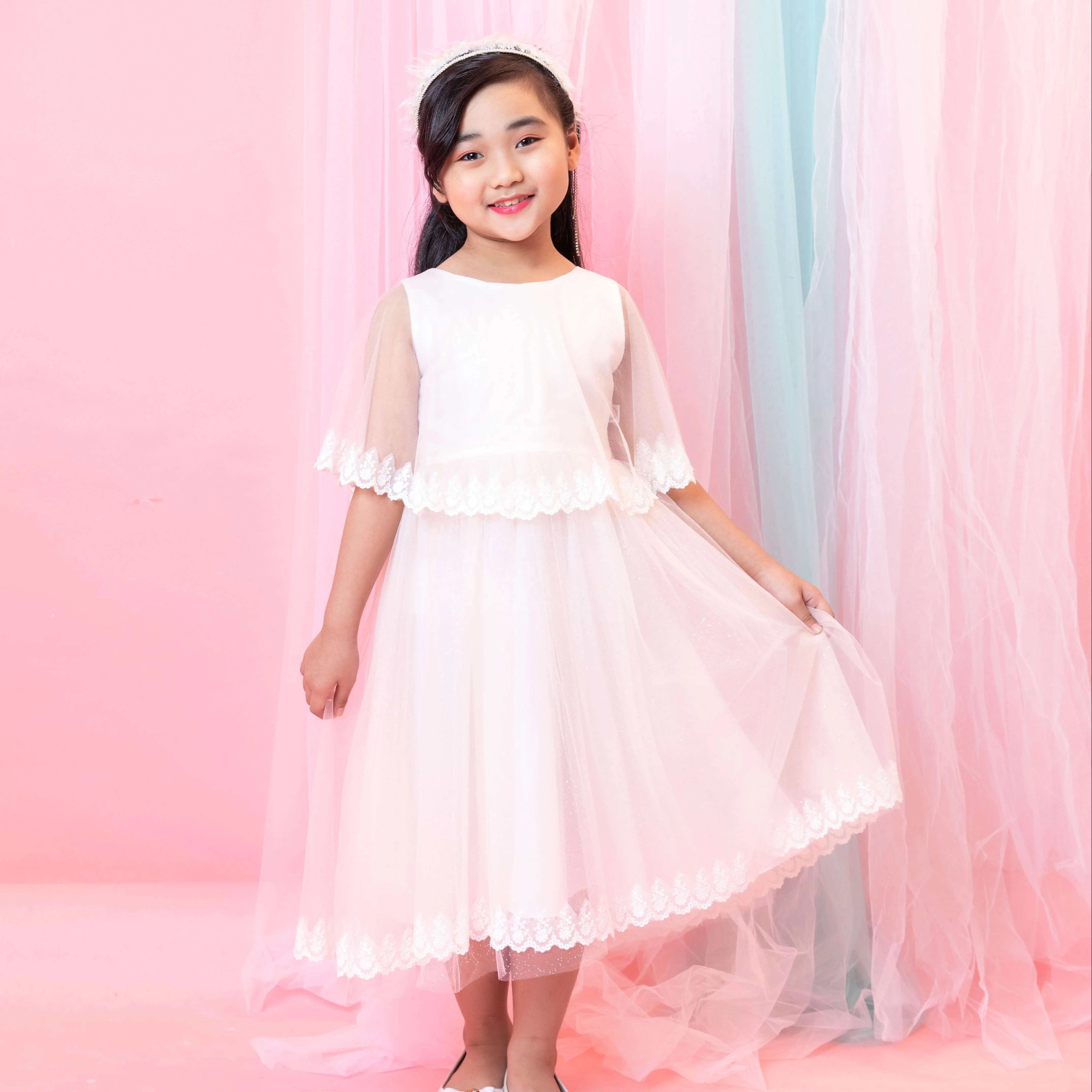  Платье принцессы для маленькой От 1 до 12 лет ручной работы девочек; Белое Бальное Королевский стиль платье малышей