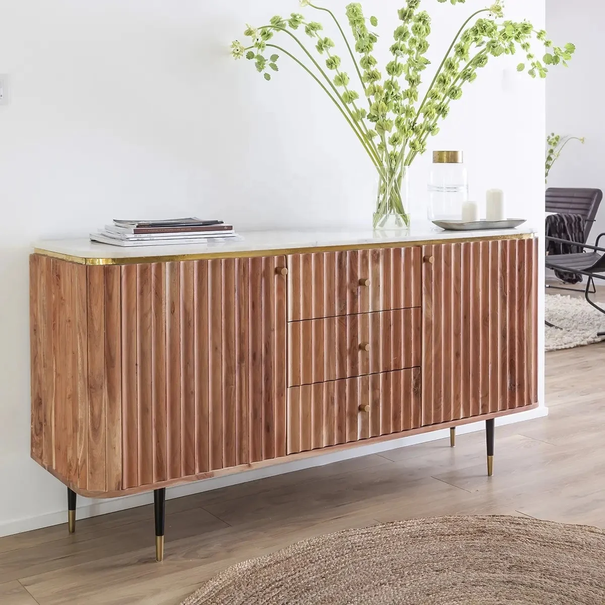 New design solid mango wood cabinet with marble top sideboard 2024 natural finished  living room furniture