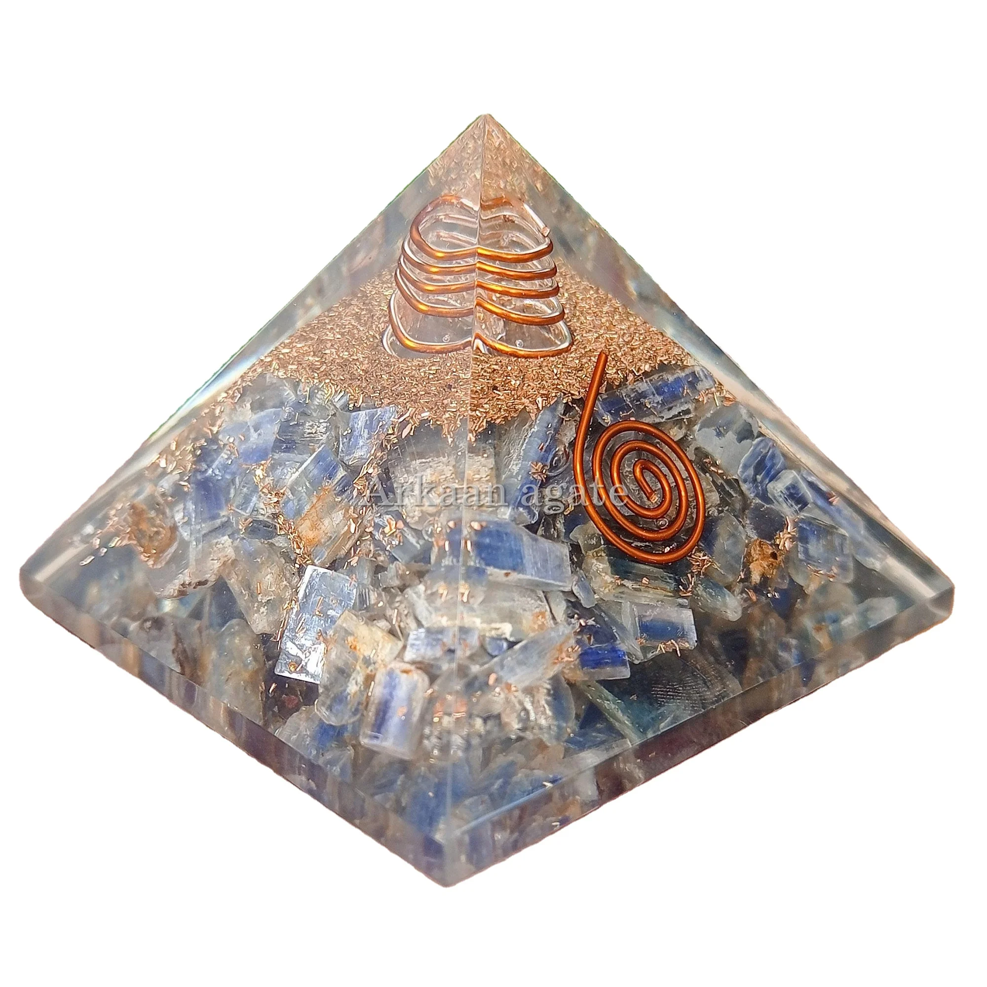 Wholesale Natural Blue Kyanite Stone Orgone Pyramid Metal Copper Bulk Crystal chakra healing orgonite Pyramid For Sale