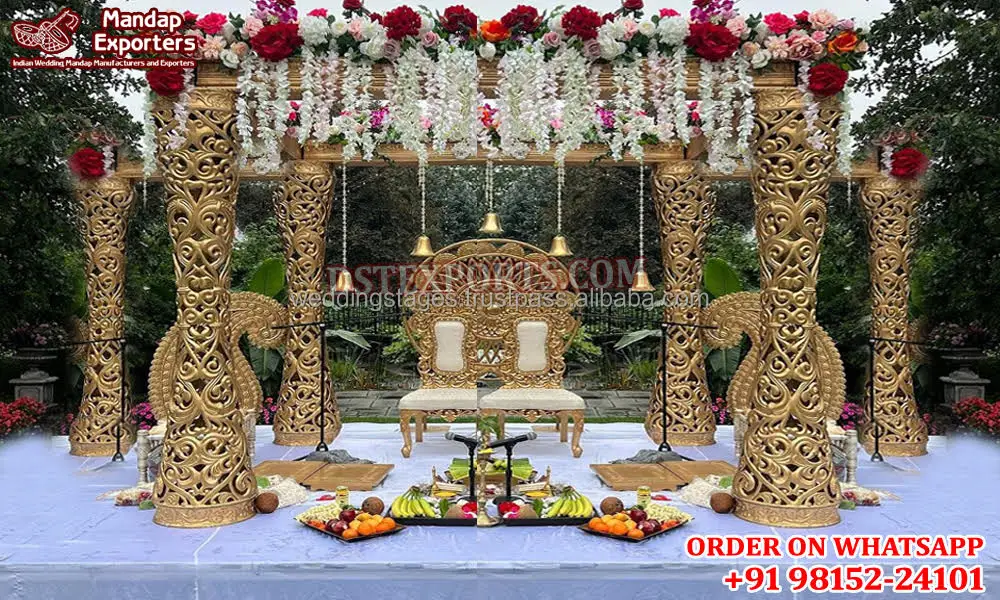 Golden look Peacock Carved Wedding Mandap South Indian Wedding Peacock Carved Mandap Setup Traditional Wedding Mandap Setup